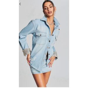 Retrofête Women's M Blue Denim Rhinestone Cuff Button-Up Shirt M